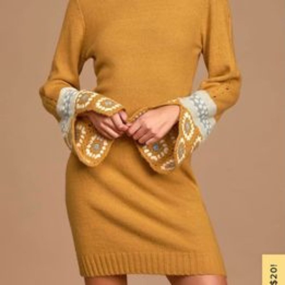 Brand New w/ Tags Lulus It's Groovy Mustard Yellow Multi Knit Turtleneck Sweater